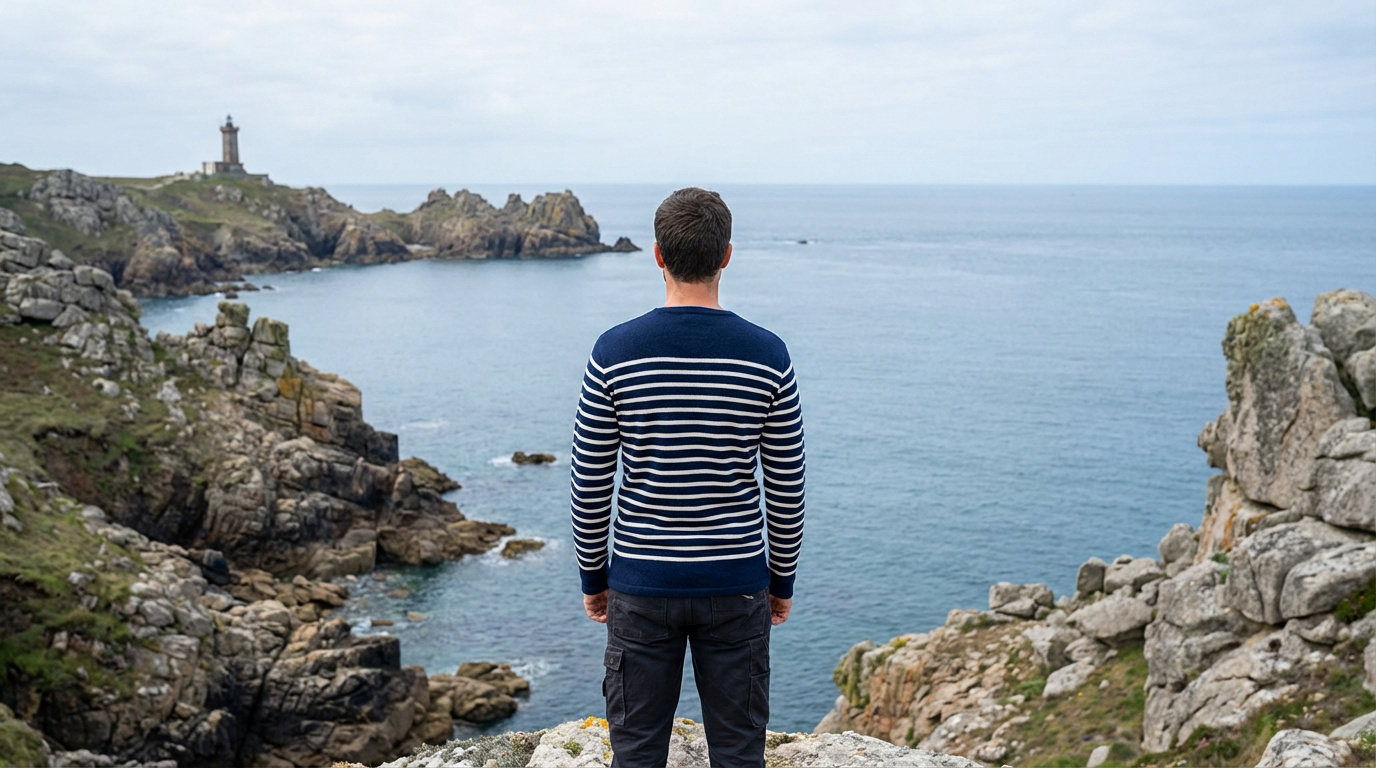 Armor-Lux : le savoir-faire breton d’un vestiaire durable Un homme en marinière rayée contemple la mer et les falaises rocheuses de Bretagne. Un phare se dresse au loin sur une pointe.