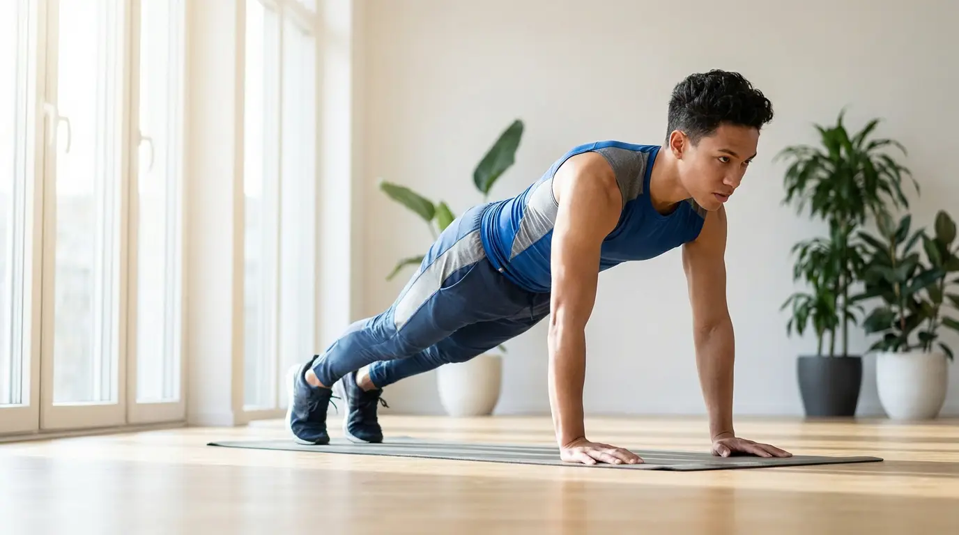 Jeune homme athlétique effectuant une planche sur un tapis de yoga dans un salon lumineux avec des plantes.