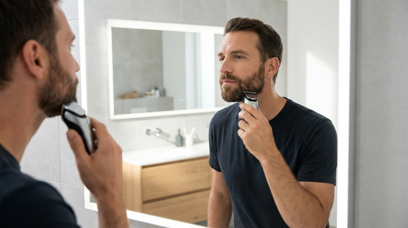Réussir à tailler sa barbe : nos astuces pour un tracé net Homme barbu taillant précisément sa barbe avec une tondeuse électrique devant un miroir éclairé dans une salle de bain moderne.