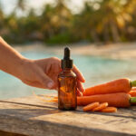 Main tenant une bouteille d'huile de carotte avec des carottes fraîches sur une table en bois, devant une plage tropicale ensoleillée.