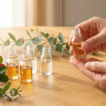 Une personne applique une huile essentielle dorée sur sa main, entourée de flacons, de feuilles d'eucalyptus et de baies rouges de gaulthérie.