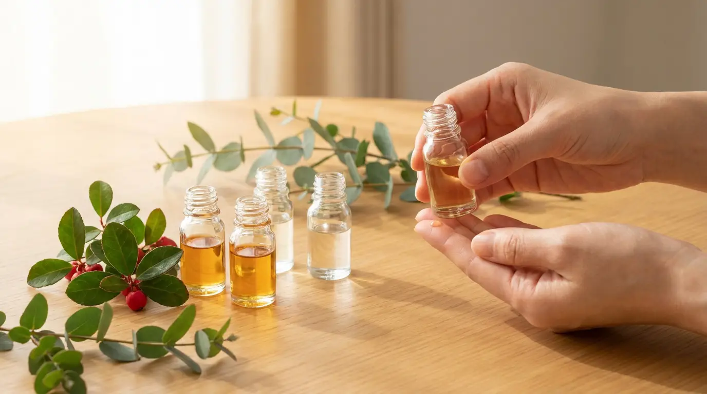 Huile essentielle anti-inflammatoire : calmez vos douleurs Une personne applique une huile essentielle dorée sur sa main, entourée de flacons, de feuilles d'eucalyptus et de baies rouges de gaulthérie.