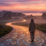 Personne encapuchonnée sur un chemin de gravier parsemé de chiffres et symboles, menant à un lac au lever du soleil.