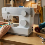 Mains cousant un tissu à motifs colorés sur une machine à coudre dans un atelier lumineux avec bobines et tissus.