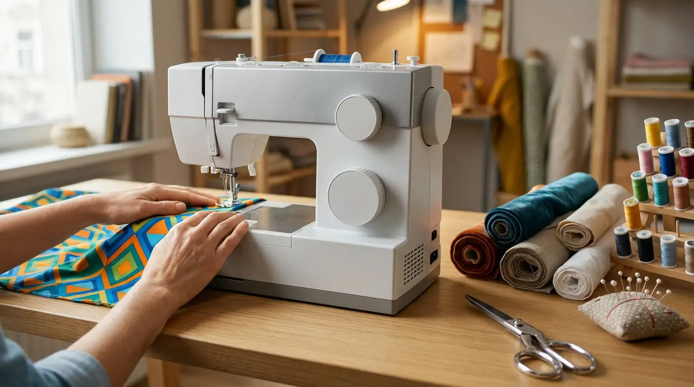 Mains cousant un tissu à motifs colorés sur une machine à coudre dans un atelier lumineux avec bobines et tissus.