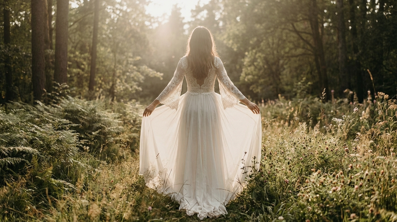 Vue de dos d'une mariée en robe bohème fluide, bras écartés, au milieu d'une clairière forestière baignée de lumière.