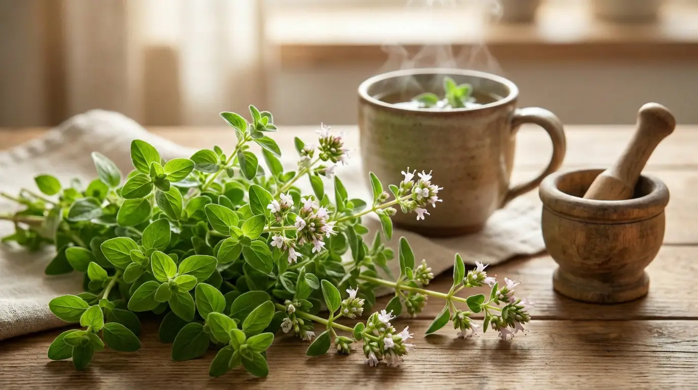 Découvrez les bienfaits de la marjolaine pour votre santé Un bouquet de marjolaine fraîche, certaines branches en fleurs, sur une table en bois avec une tasse de tisane fumante et un mortier.