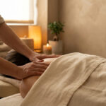 Deux mains massent le dos d'une personne allongée sur une table, dans une ambiance chaleureuse de spa avec bougie et plante.