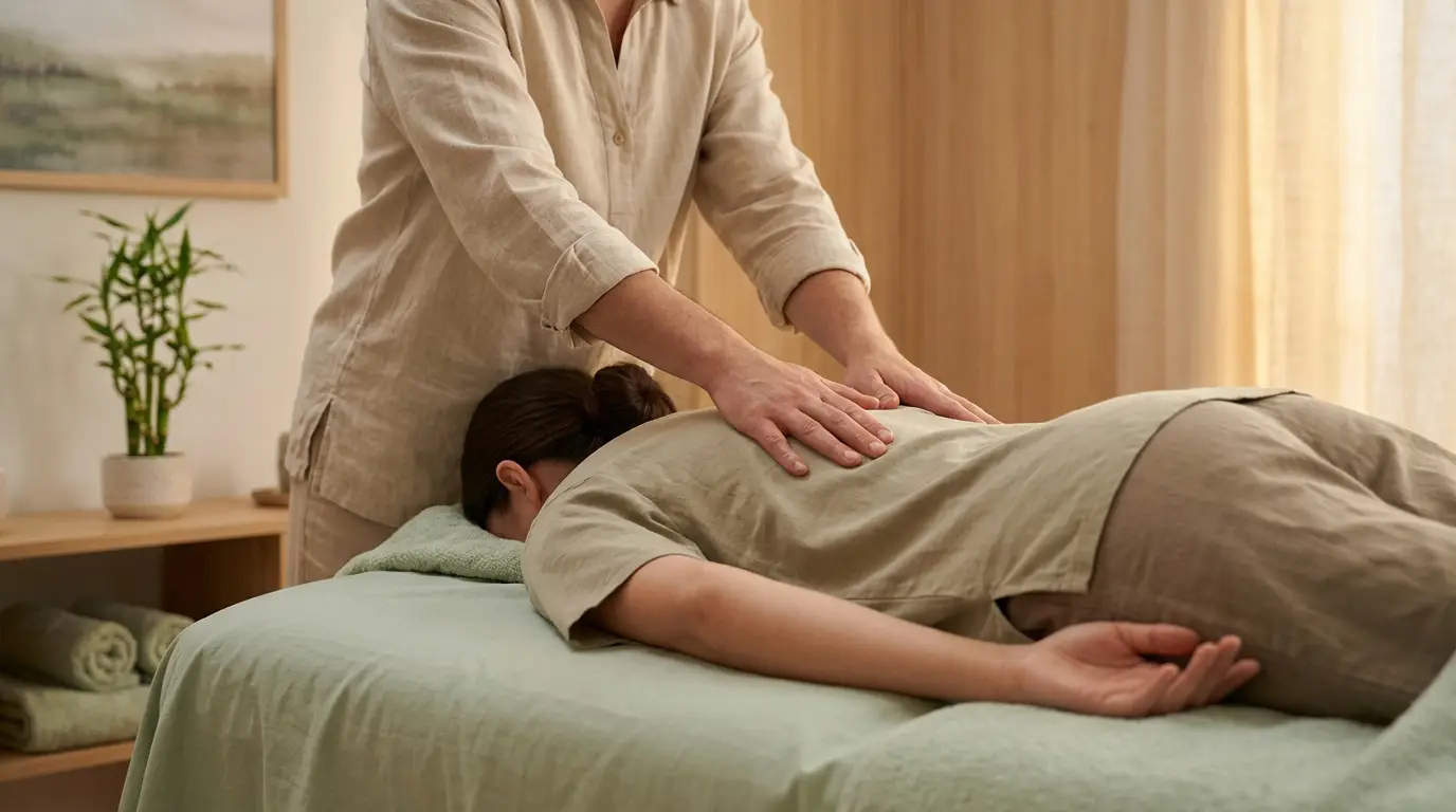 Massage chinois : découvrez le tui na pour votre équilibre Une personne est allongée sur le ventre, recevant un massage Tui Na du dos par un praticien. Ambiance apaisante de bien-être.