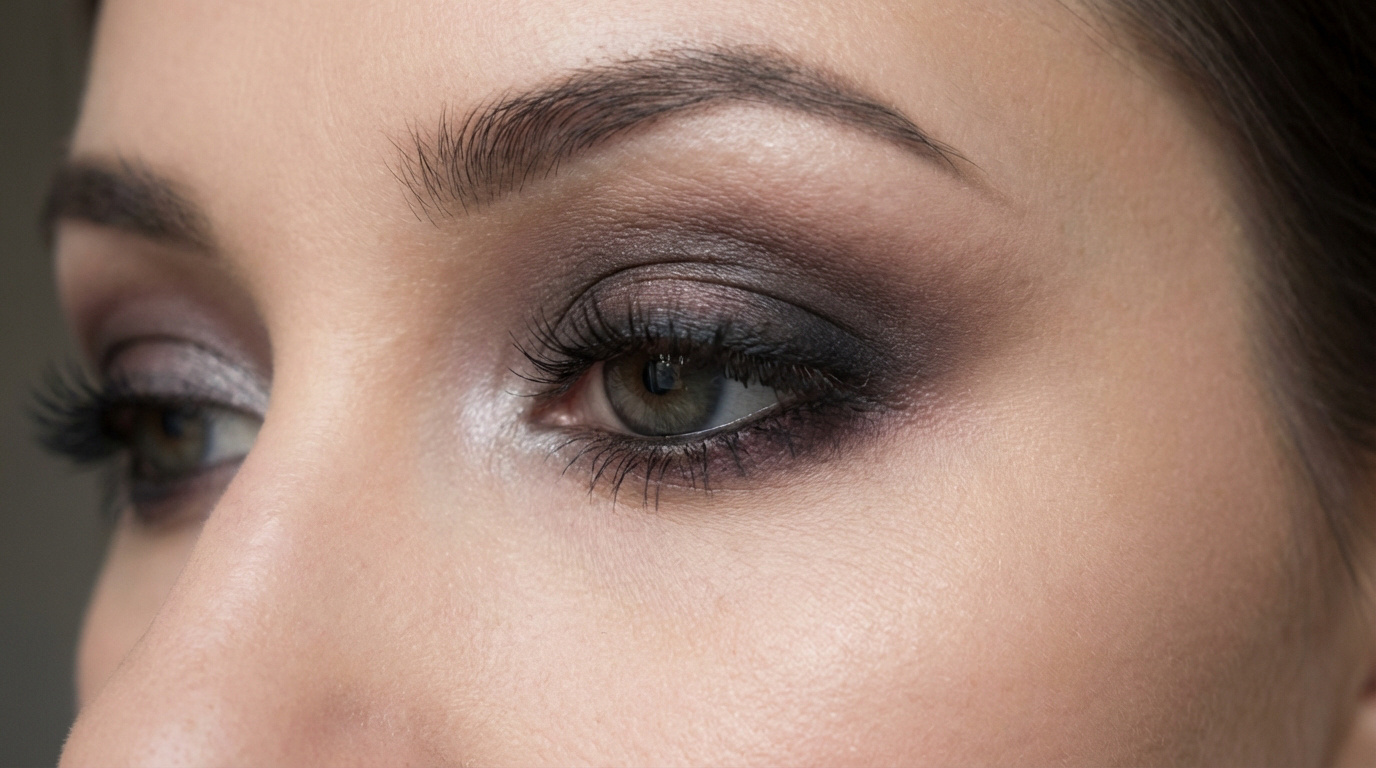 Gros plan sur un œil avec un maquillage smoky eyes charbonneux brun-noir, cils allongés et sourcils bien dessinés.