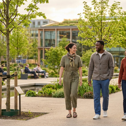 Marque Faguo : mode, engagement et style éco-responsable Trois amis souriants marchent et discutent dans un parc urbain verdoyant avec des bâtiments modernes et toits végétalisés.