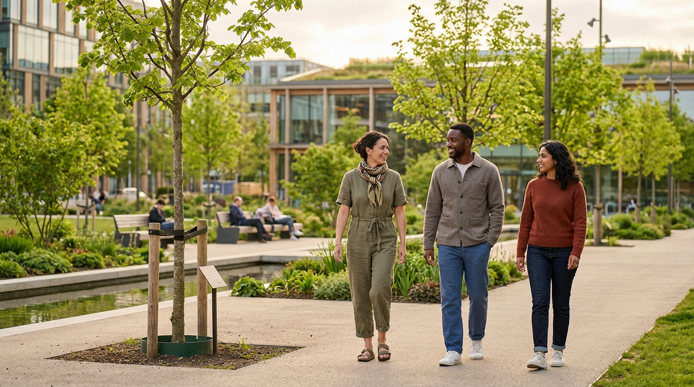 Marque Faguo : mode, engagement et style éco-responsable Trois amis souriants marchent et discutent dans un parc urbain verdoyant avec des bâtiments modernes et toits végétalisés.