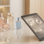 Main tenant une tablette affichant des analyses de données et avis. Plusieurs flacons de parfum sont sur une table en marbre.