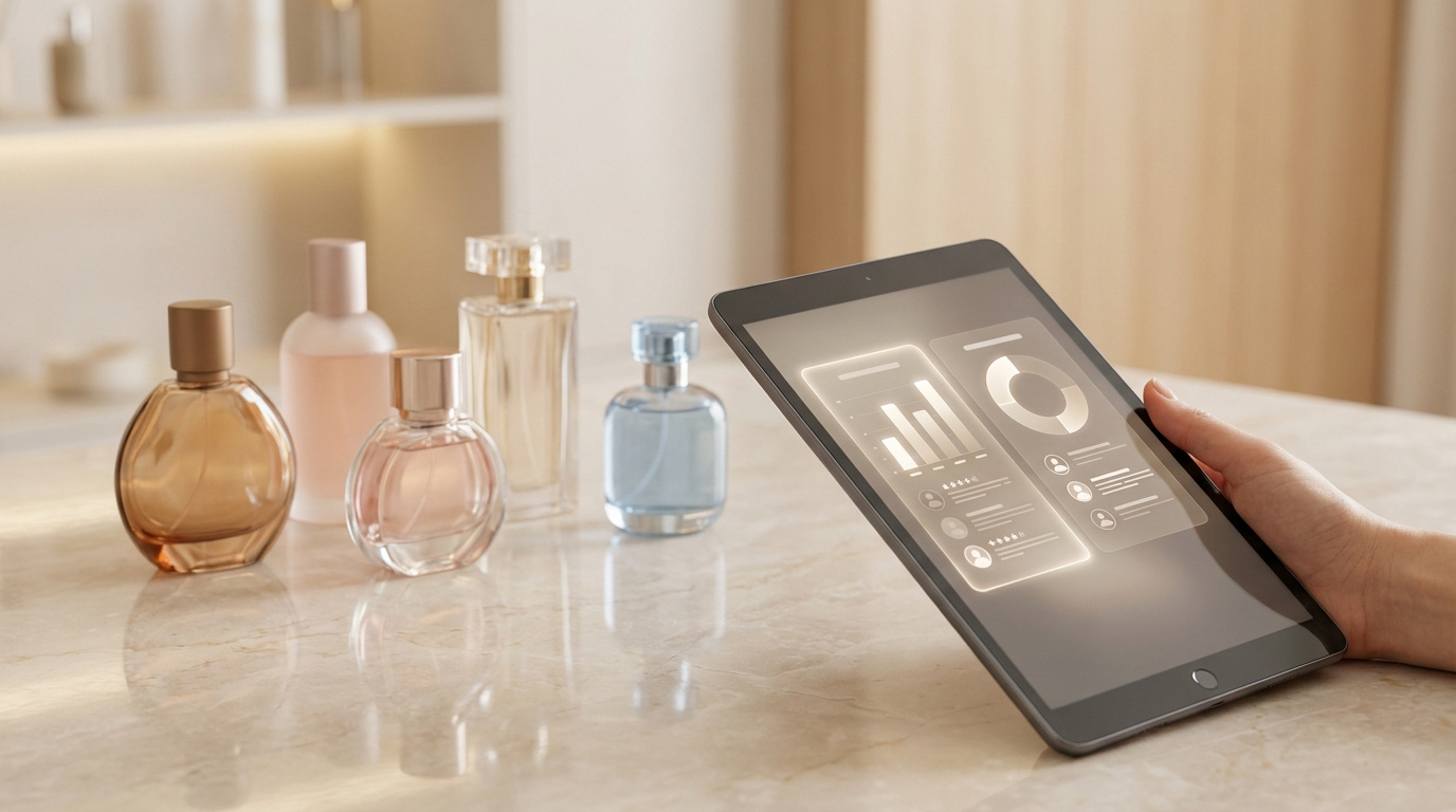 Avis Primor : ce qu’il faut savoir avant de commander Main tenant une tablette affichant des analyses de données et avis. Plusieurs flacons de parfum sont sur une table en marbre.