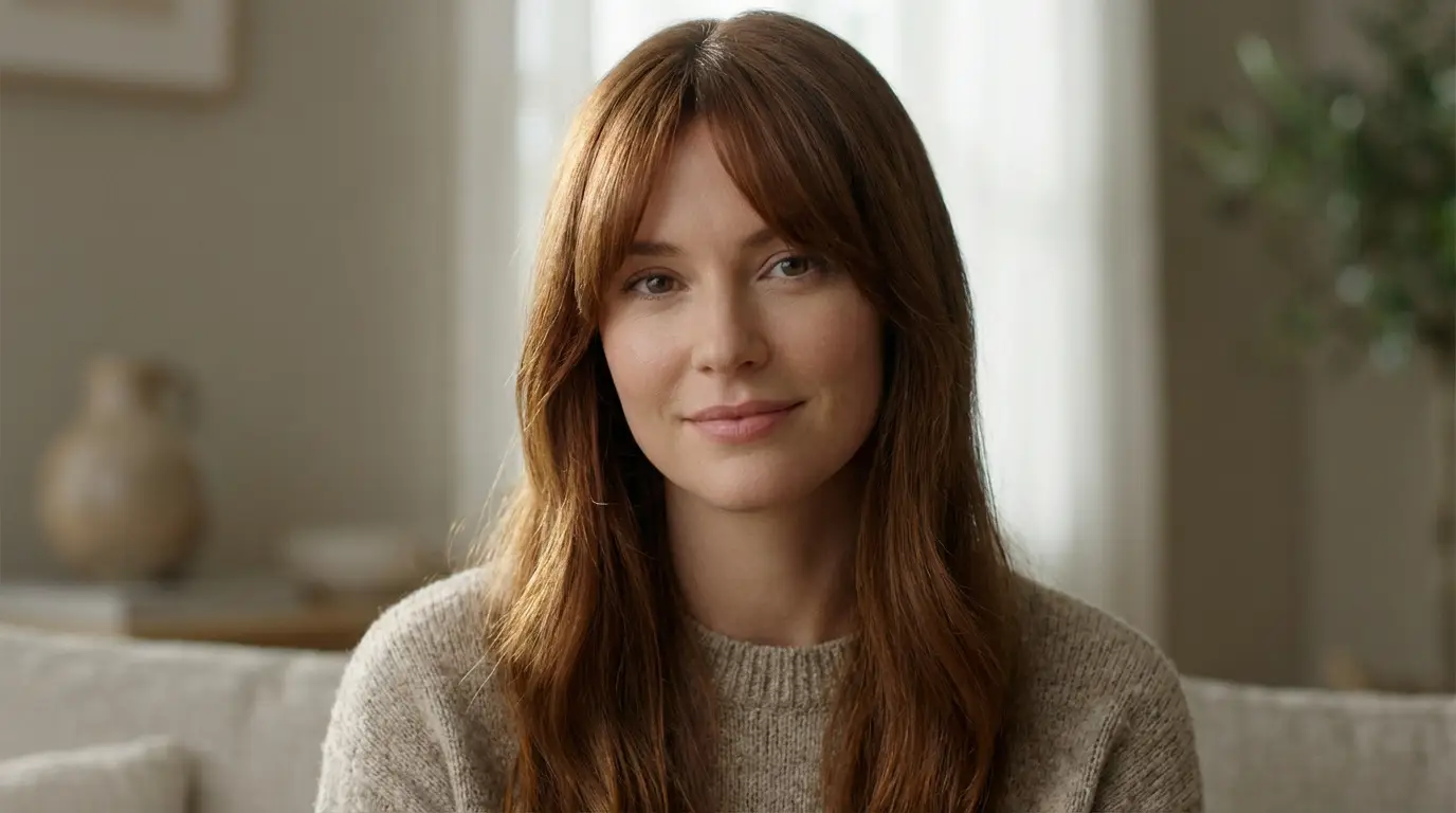 Adopter la frange rideau longue pour sublimer votre regard Portrait rapproché d'une jeune femme aux cheveux roux et frange rideau. Elle porte un pull beige et a un léger sourire.