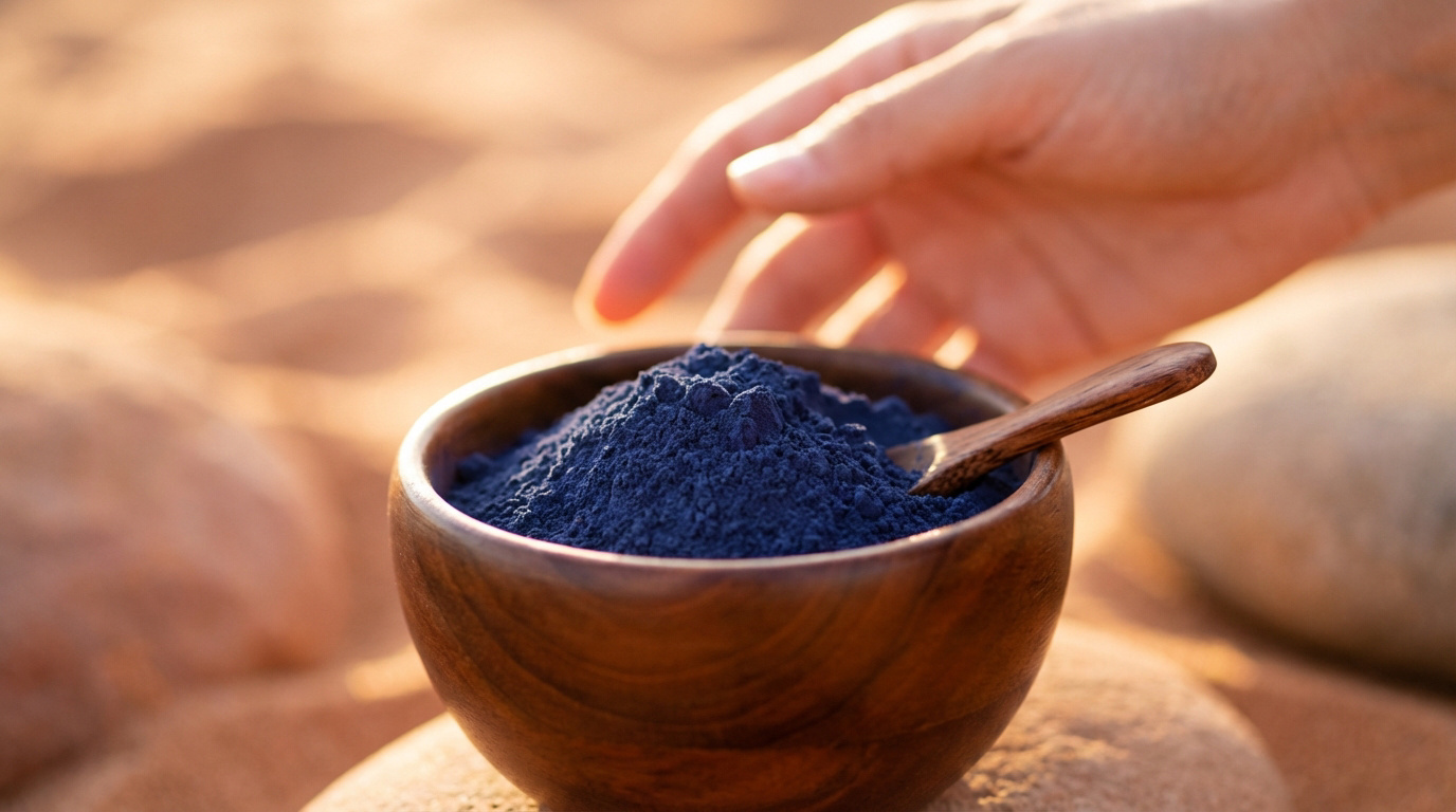 Un bol en bois rempli de poudre de nila bleue avec une cuillère. Une main s'approche sur un fond sableux et naturel.