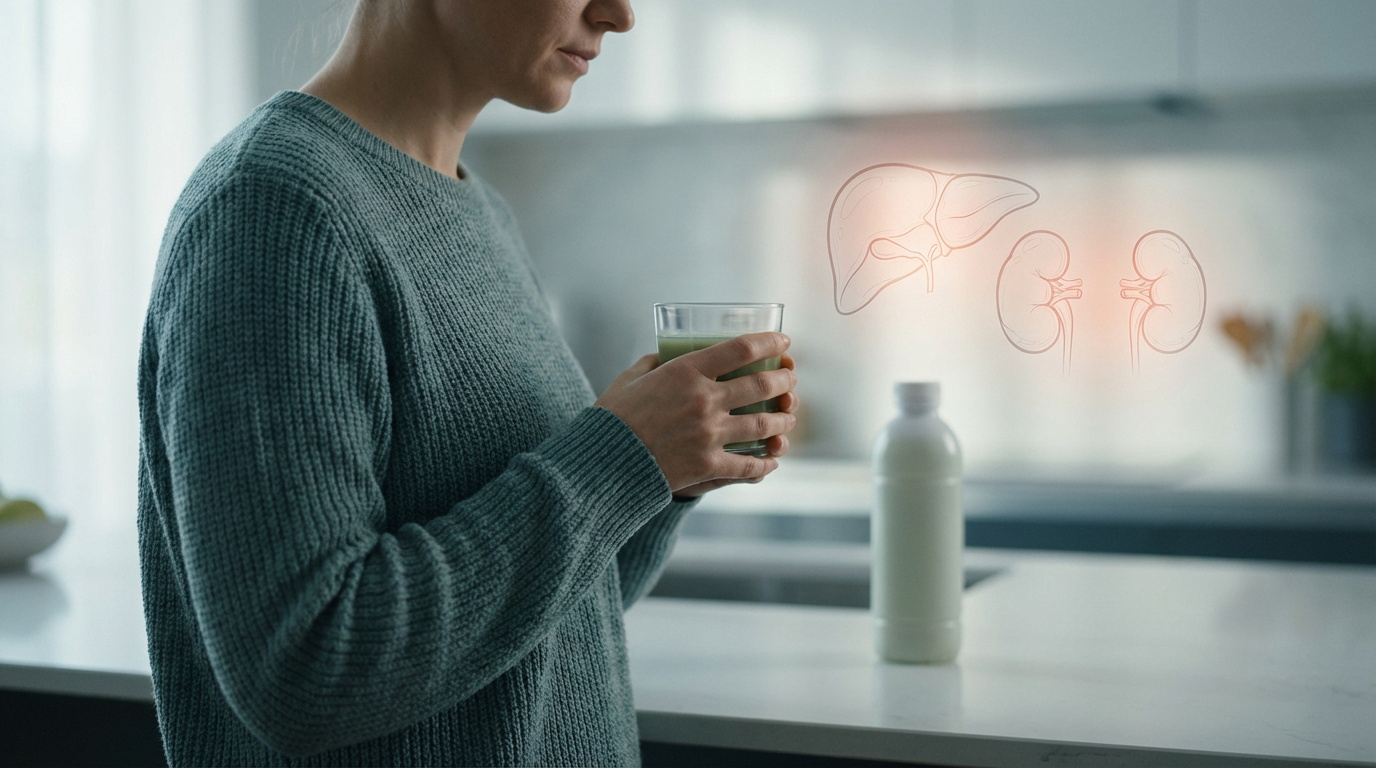 Femme tenant une boisson verte. Superposition d'illustrations lumineuses du foie et des reins, évoquant les préoccupations de santé.