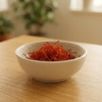 Un bol blanc rempli de fils de safran rouge orangé vif, posé sur une table en bois clair. Des plantes sont floues en arrière-plan.