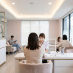 Intérieur lumineux d'un salon de manucure moderne. Des clients reçoivent des soins des ongles tandis qu'un autre attend.