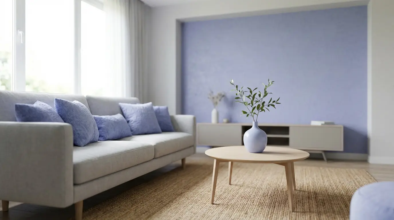 La couleur pervenche : idées et conseils pour votre déco Salon lumineux et moderne. Mur pervenche, canapé gris avec coussins pervenche, table basse bois, vase pervenche, tapis jute.