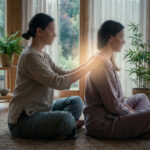 Deux femmes assises en tailleur dans un espace lumineux et végétalisé, l'une appliquant un soin énergétique (Reiki) sur l'épaule de l'autre.