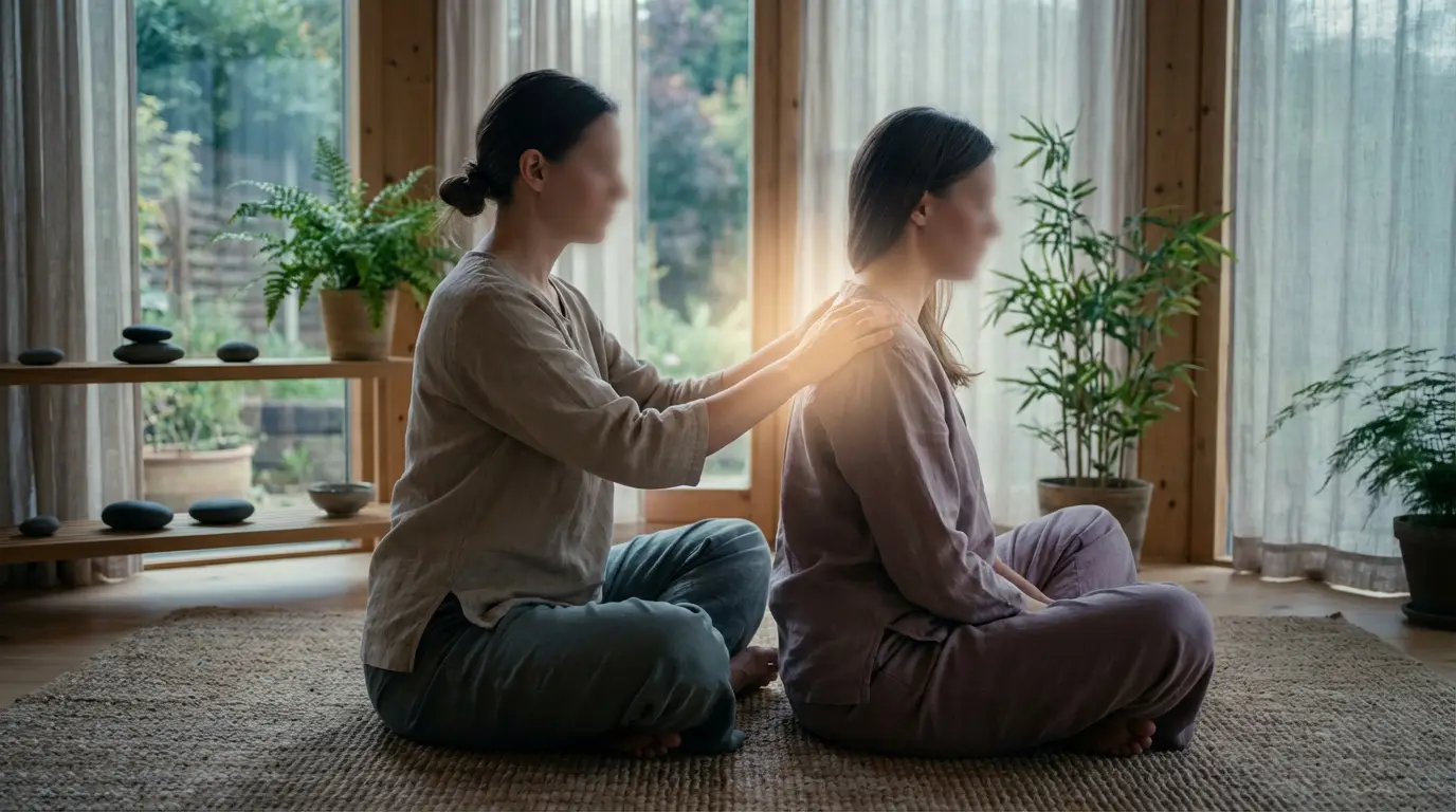 Découvrez les bienfaits du reiki pour votre sérénité Deux femmes assises en tailleur dans un espace lumineux et végétalisé, l'une appliquant un soin énergétique (Reiki) sur l'épaule de l'autre.