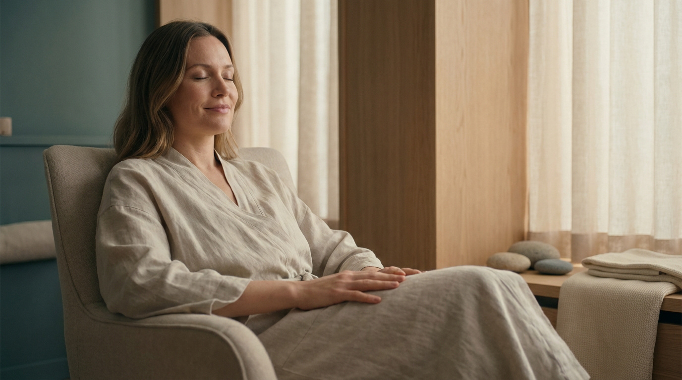 Une femme souriante, les yeux clos, se détend dans un fauteuil, vêtue d'une robe de lin. Des galets et serviettes évoquent un spa.