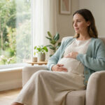 Une femme enceinte, les mains sur son ventre arrondi, est assise dans un fauteuil près d'une fenêtre lumineuse donnant sur un jardin.