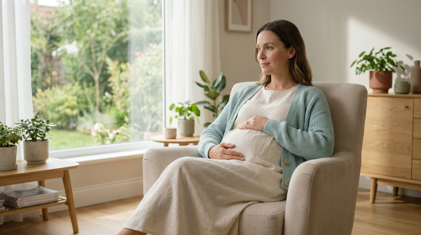 Infection urinaire enceinte : les réflexes pour se protéger Une femme enceinte, les mains sur son ventre arrondi, est assise dans un fauteuil près d'une fenêtre lumineuse donnant sur un jardin.
