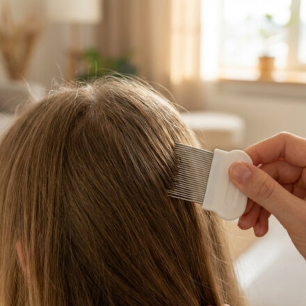 Main utilisant un peigne fin métallique sur les cheveux bruns d'un enfant, dans un salon lumineux.