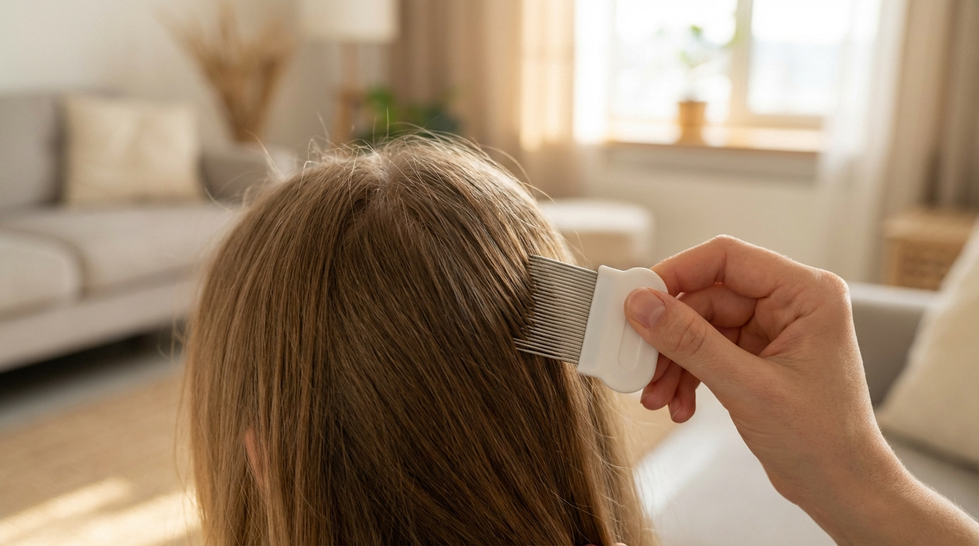 Main utilisant un peigne fin métallique sur les cheveux bruns d'un enfant, dans un salon lumineux.