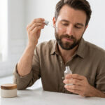 Homme barbu appliquant un sérum avec une pipette sur sa joue, tenant une bouteille. Des produits de soin et une plante sur le comptoir.