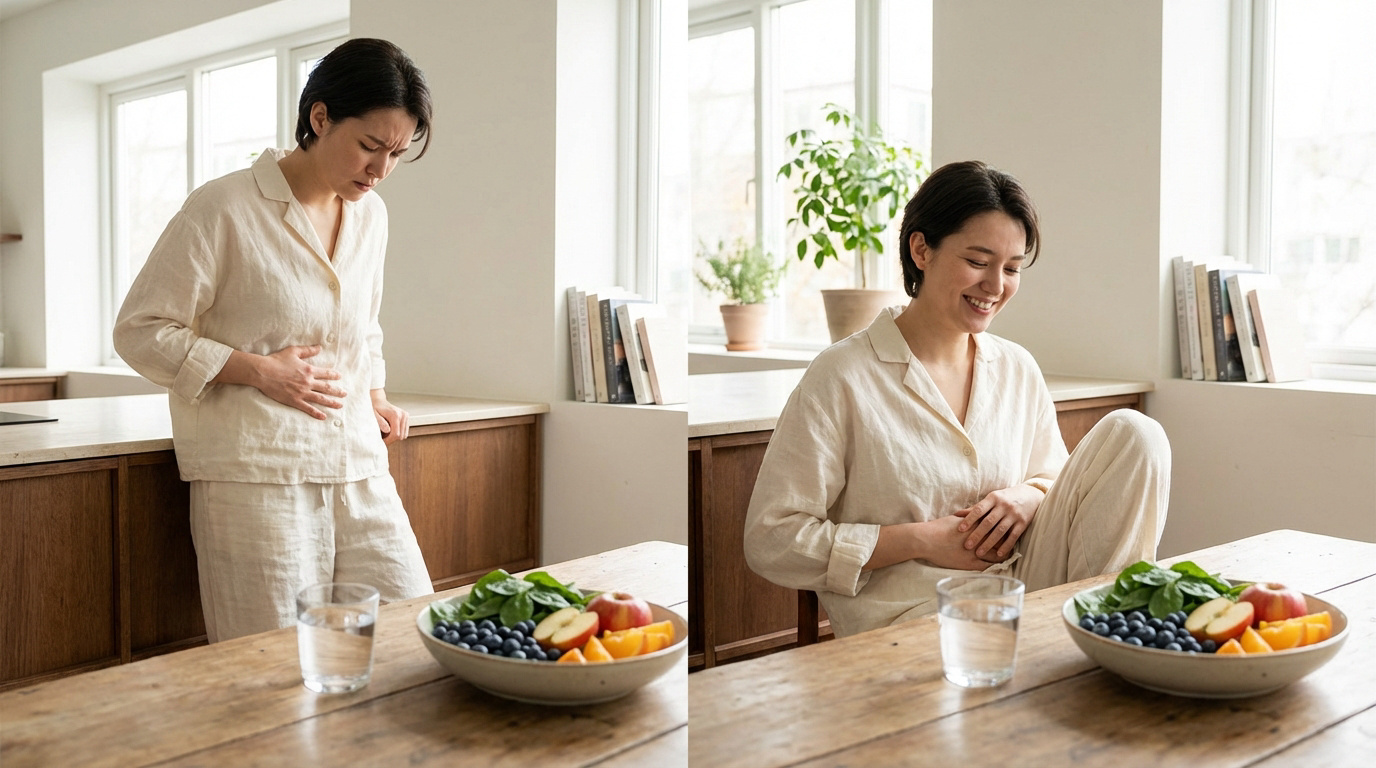 Stase stercorale : comment soulager ce blocage intestinal Une femme souffrant de maux de ventre à gauche, puis souriante et soulagée à droite, avec un repas sain et de l'eau.