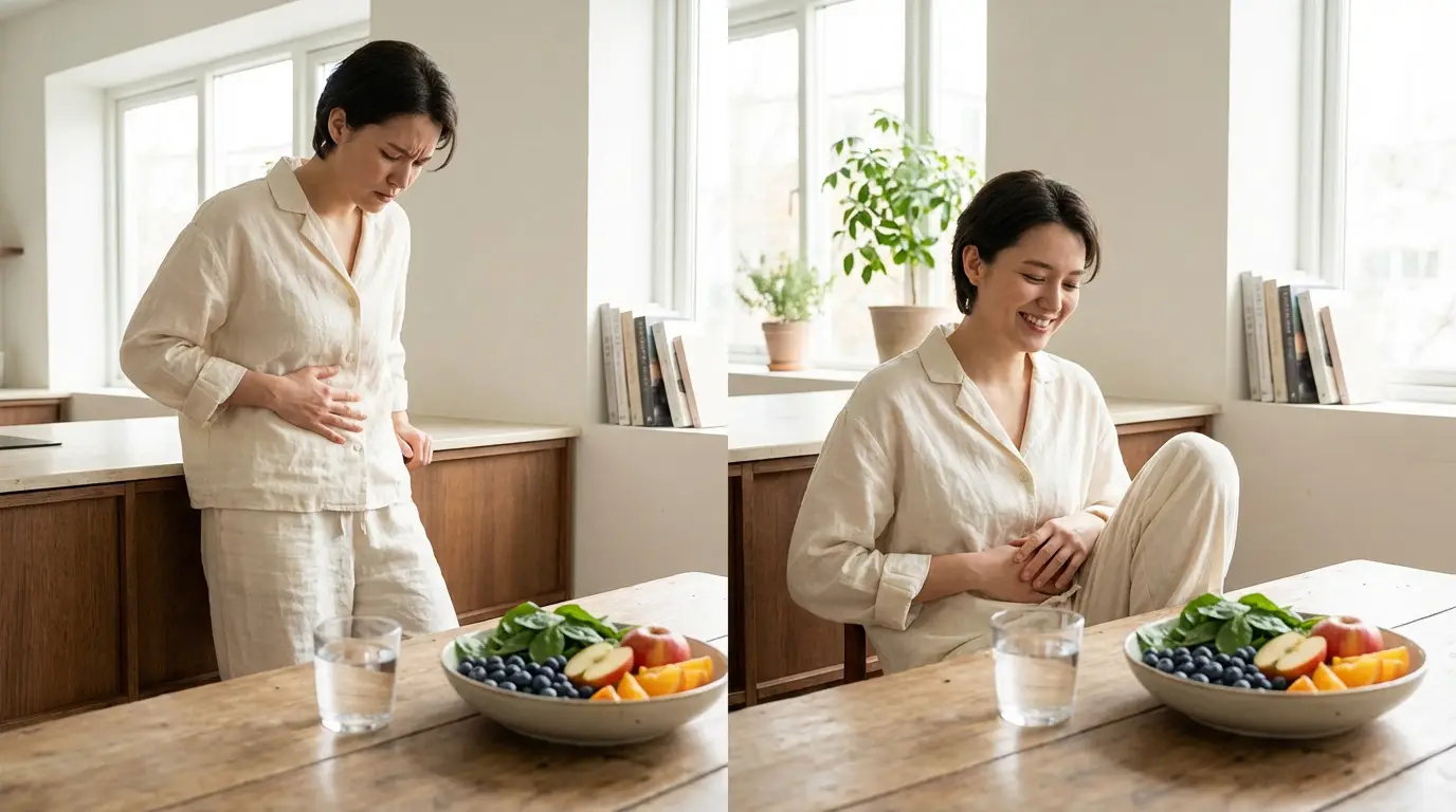 Stase stercorale : comment soulager ce blocage intestinal Une femme souffrant de maux de ventre à gauche, puis souriante et soulagée à droite, avec un repas sain et de l'eau.
