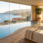 Spa avec piscine intérieure chauffée, transats et oliviers, baies vitrées offrant une vue panoramique sur la mer Méditerranée et la côte.