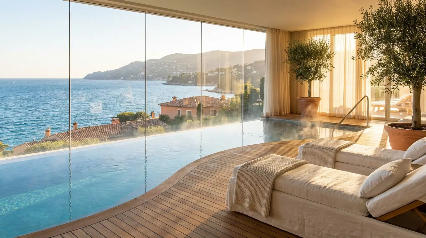 Thalazur Antibes : votre parenthèse bien-être face à la mer Spa avec piscine intérieure chauffée, transats et oliviers, baies vitrées offrant une vue panoramique sur la mer Méditerranée et la côte.
