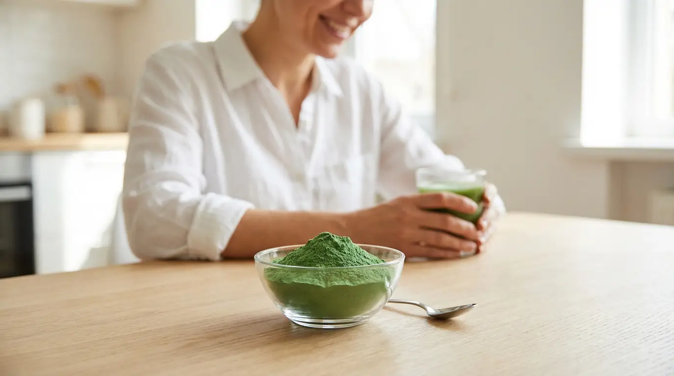 Bienfaits spiruline : tout savoir sur ce super-aliment Femme souriante avec un verre de boisson verte et un bol de poudre de spiruline sur une table en bois.