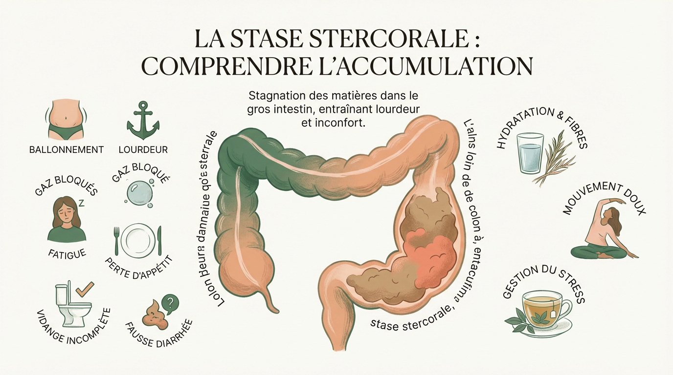 Illustration d'une accumulation de matières dans le colon soulignant la stase stercorale