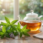 Des feuilles de verveine fraîche, une théière en verre fumante et une tasse de tisane chaude sur une table en bois près d'une fenêtre ensoleillée.