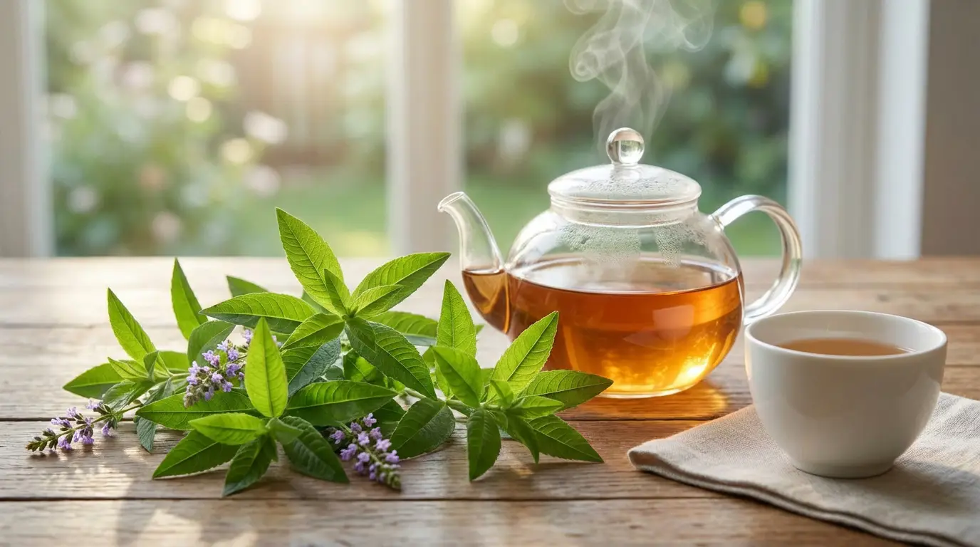 Des feuilles de verveine fraîche, une théière en verre fumante et une tasse de tisane chaude sur une table en bois près d'une fenêtre ensoleillée.