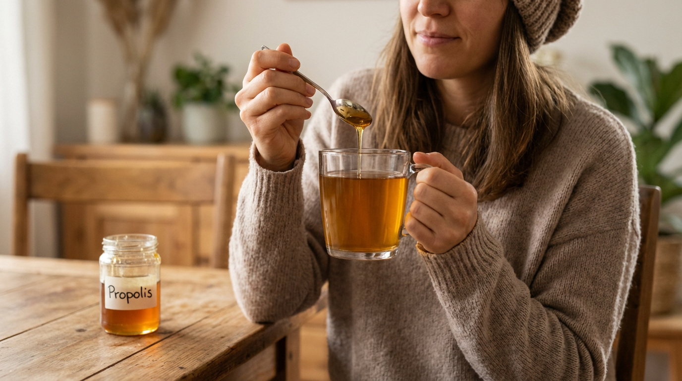 Une femme met une cuillère de propolis dans son thé chaud. Un pot de propolis est sur la table en bois.