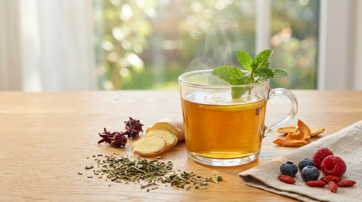 Une tasse de thé fumant avec citron et menthe, entourée de gingembre, hibiscus, thé vert, myrtilles, framboises, goji sur une table en bois.