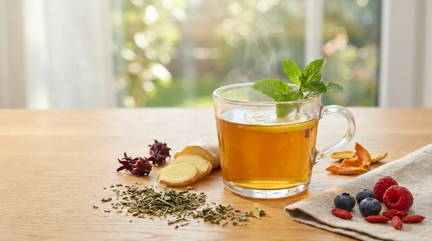 Avis lulutox detox : ce qu’il faut savoir sur ce thé Une tasse de thé fumant avec citron et menthe, entourée de gingembre, hibiscus, thé vert, myrtilles, framboises, goji sur une table en bois.