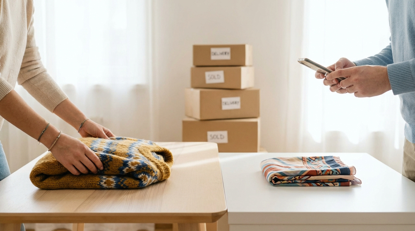 Deux personnes préparent des vêtements pliés pour la vente en ligne, avec des cartons "SOLD" et "DELIVERY" en arrière-plan et un smartphone.