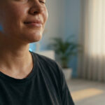 Visage de femme aux yeux clos et sourire doux, peau lumineuse. Ambiance calme avec lumière naturelle et reflet bleuté.