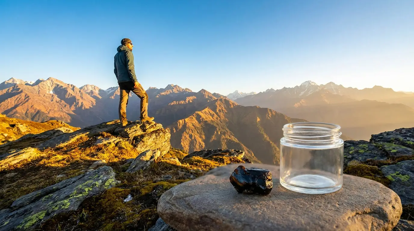 Un morceau de shilajit et un pot vide sur un rocher, avec un randonneur admirant une chaîne de montagnes au lever du soleil.