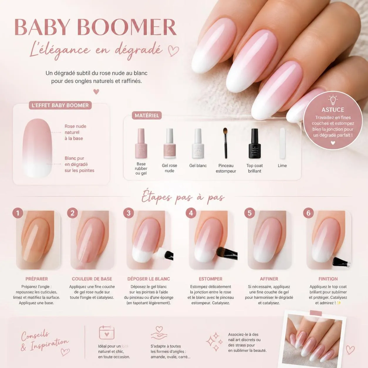 découvrez notre tuto complet pour des ongles baby boomer parfaits avec gel et vernis, pour un résultat naturel et élégant.