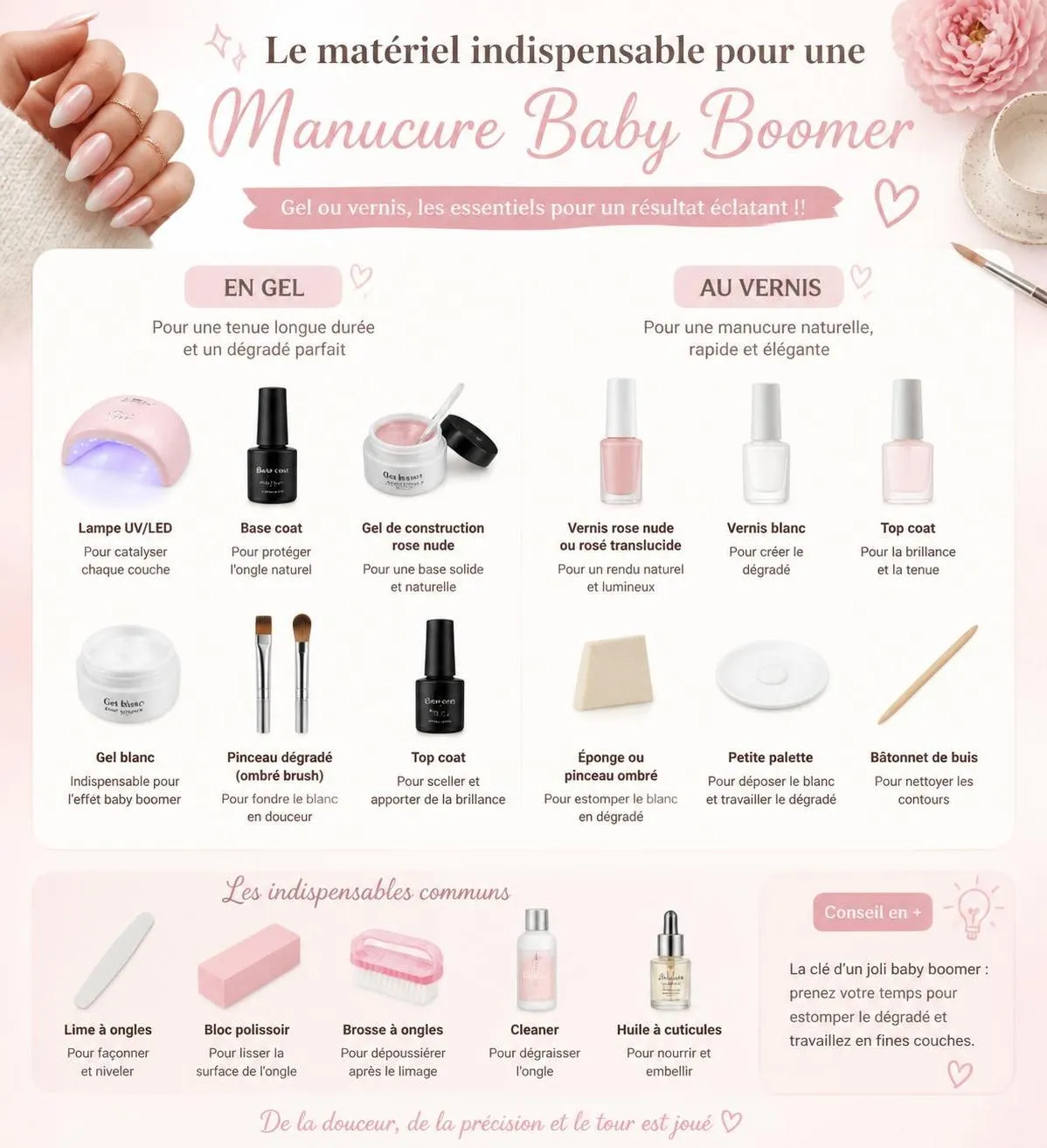 découvrez notre tuto baby boomer pour ongles, alliant gel et vernis, afin d'obtenir un résultat naturel et élégant facilement à la maison.
