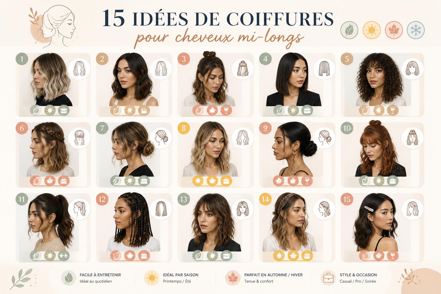 découvrez 15 idées et inspirations tendance pour sublimer vos cheveux mi-longs avec des coiffures modernes et faciles à réaliser.