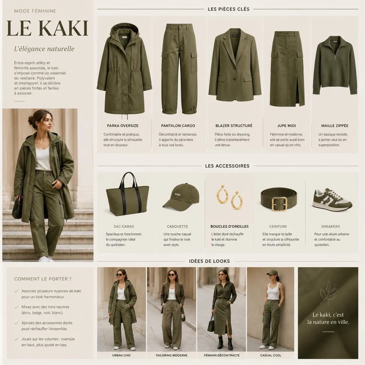 découvrez 20 tenues tendance en couleur kaki, adaptées à toutes les morphologies pour un style élégant et moderne.